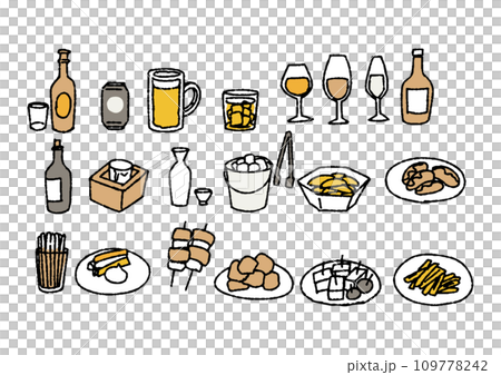 Handwritten illustration set of alcohol and alcohol snacks 109778242