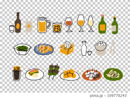 お酒とお酒のおつまみの手書きイラストセット　 109778243