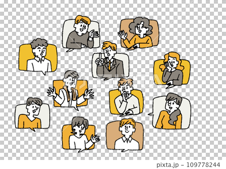Illustration set of various people peeking out of speech bubbles and talking Illustration set of various people peeking out of speech bubbles and talking 109778244