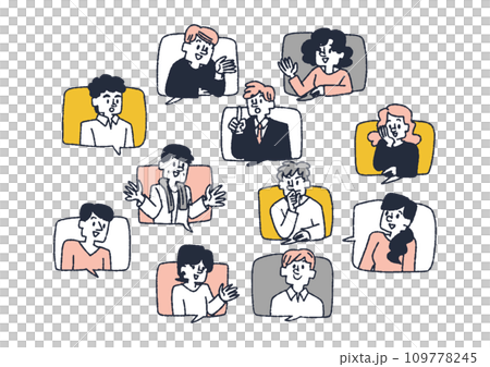 Illustration set of various people peeking out of speech bubbles and talking Illustration set of various people peeking out of speech bubbles and talking 109778245