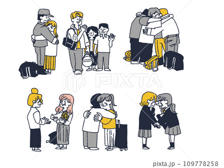 別れを惜しむ人々のイラストセット コミカルな手書きの人物 ベクター、線画にカラー 別れを惜しむ人々のイラストセット コミカルな手書きの人物 ベクター、線画にカラー 109778258