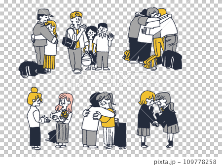 別れを惜しむ人々のイラストセット コミカルな手書きの人物 ベクター、線画にカラー 別れを惜しむ人々のイラストセット コミカルな手書きの人物 ベクター、線画にカラー 109778258