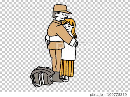 一名婦女送行一名即將參軍的男子。說明人們悲傷地告別。 109778259