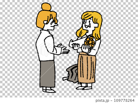 A woman giving a farewell bouquet to a friend. Illustration of people who are sad to say goodbye. 109778264