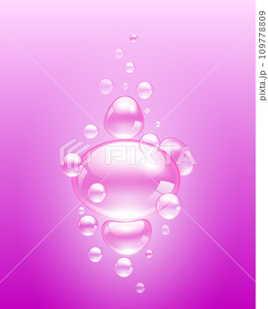 Collagen or water drops pink. For beauty product, moisture, skin care, scatter aqua liquid. Skin care cosmetic hydration spots. Realistic 3d vector. 109778809
