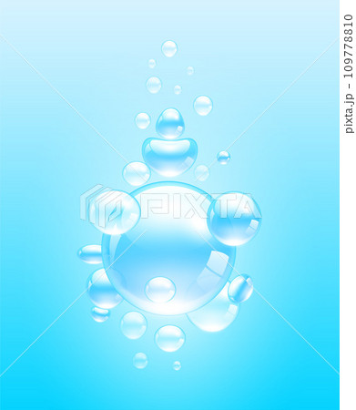 Collagen or water drops blue. For beauty product, moisture, skin care, scatter aqua liquid. Skin care cosmetic hydration spots. Realistic 3d vector. 109778810