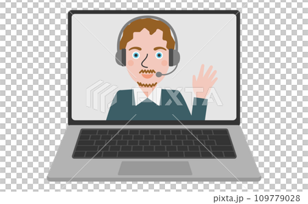 Laptop screen of an American man wearing a headset and suit making a video call 109779028