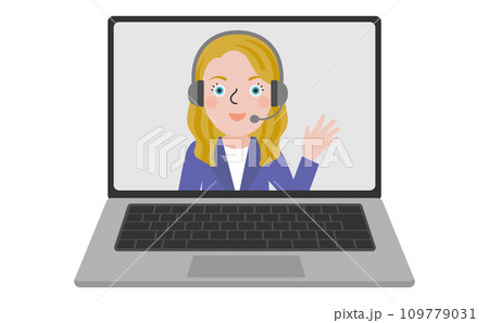 ヘッドセットとスーツを着用してビデオ通話をしているアメリカ人女性のノートパソコン画面 109779031