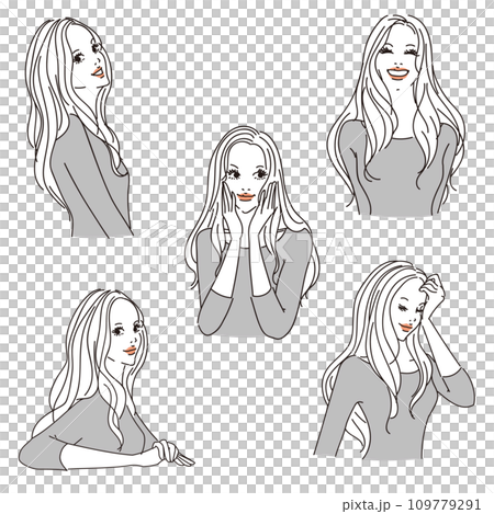 Adult-looking female upper body with long hair Adult-looking female upper body with long hair 109779291