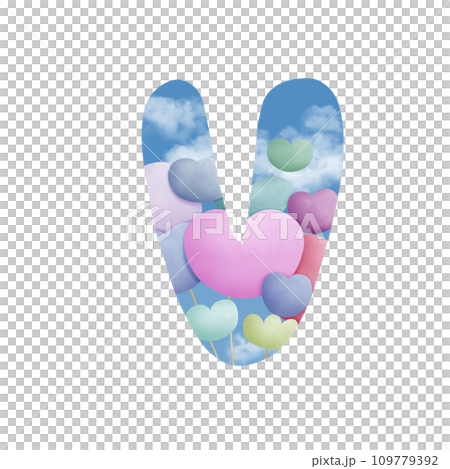 Alphabet letter v with  bunch of balloons  109779392