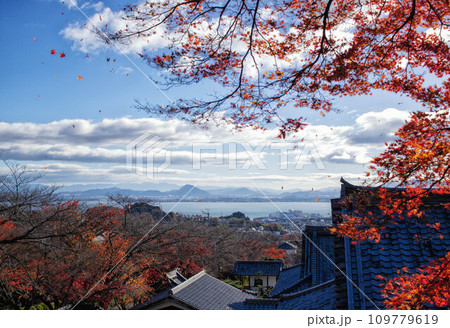 滋賀県大津市の西教寺境内から見える琵琶湖と秋景色 109779619