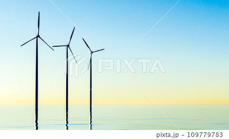 Offshore Wind Turbines Farm At sunset. Green ecological power energy generation. Floating wind turbines installed in sea. Alternative energy source Offshore Wind Turbines Farm At sunset. Green ecological power energy generation. Floating wind turbines installed in sea. Alternative energy source 109779783