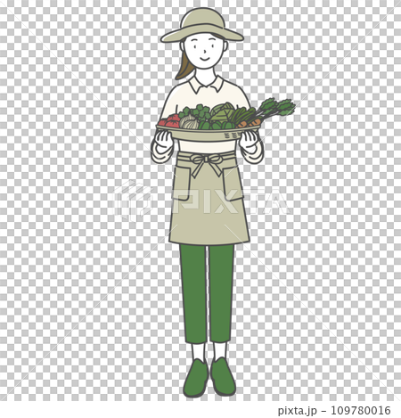 籠いっぱいの野菜を持った女性 109780016