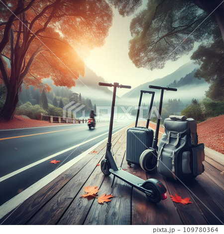 travelling concept with luggage on road travelling concept with luggage on road 109780364