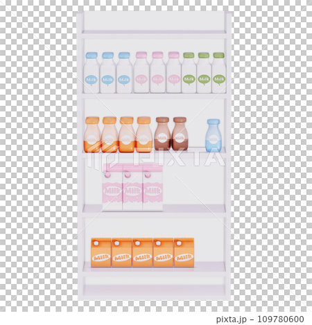 Groceries theme 3D milk product, Milk Shelves on a transparent background, 3D rendering Groceries theme 3D milk product, Milk Shelves on a transparent background, 3D rendering 109780600