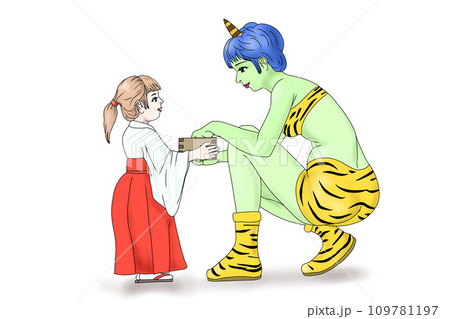 子どもの巫女と豆を分ける鬼さん 子どもの巫女と豆を分ける鬼さん 109781197