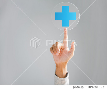 Health, medicine, and insurance safeguard family business. Hand touches plus icon, spotlighting healthcare spread. Focuses on rising growth, hospital access, and welfare health service. 109781553