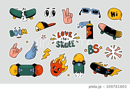 Skate stickers. Cool skateboard sport. Street skater prints for summer T-shirt. Board with art quote patches. Skateboarding labels. Trendy badges design set. Vector graphic illustrations Skate stickers. Cool skateboard sport. Street skater prints for summer T-shirt. Board with art quote patches. Skateboarding labels. Trendy badges design set. Vector graphic illustrations 109781803
