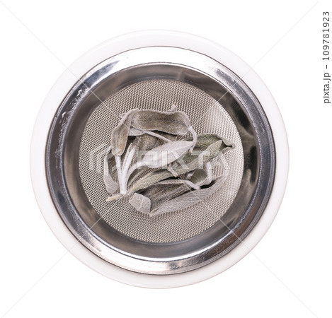 Sage leaves on the sieve of an incense burner, from above. Dried common sage, Salvia officinalis, a grayish green herb with velvety leaves, used for smoking, to cleanse the air, and for aromatherapy. Sage leaves on the sieve of an incense burner, from above. Dried common sage, Salvia officinalis, a grayish green herb with velvety leaves, used for smoking, to cleanse the air, and for aromatherapy. 109781923