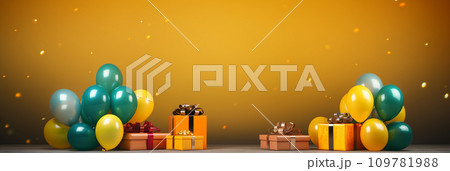 風船とプレゼントボックスとコピースペースのある背景素材 グリーンとオレンジのイメージ AI画像 風船とプレゼントボックスとコピースペースのある背景素材 グリーンとオレンジのイメージ AI画像 109781988