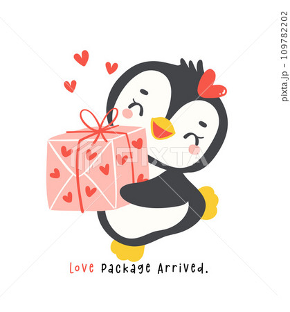 Cute penguin Valentine delivery love gift box cartoon drawing, Kawaii animal character illustration. 109782202
