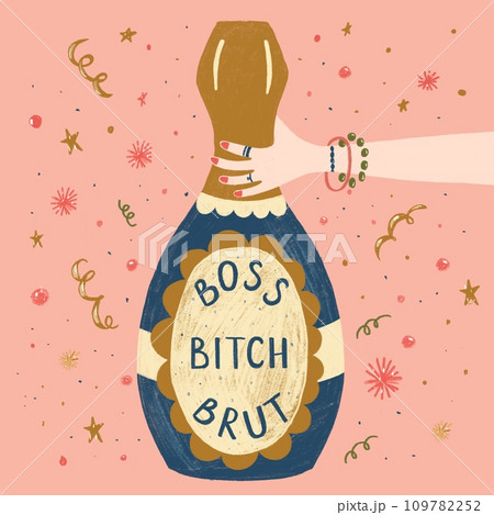 Boss bitch brut champagne bottle with female hand. Funny postcard for girls birthday on pink with confetti. 109782252