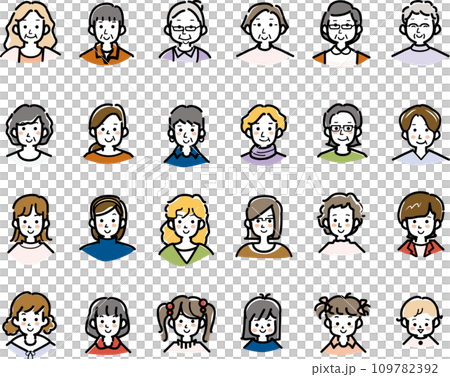 全世代の女性の顔 アイコンイラストセットのイラスト素材 [109782392