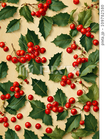 冬のイメージ背景 金地の上に柊と赤い実 冬のイメージ背景 金地の上に柊と赤い実 109782580