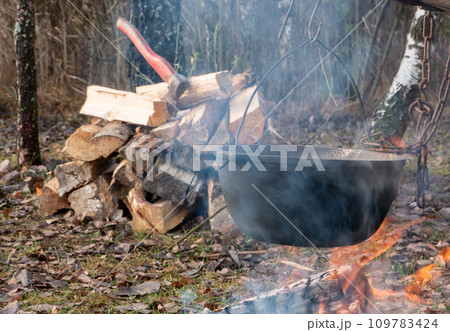 Picnic in the woods on an open fire 109783424