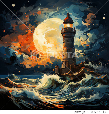 【AI生成画像・AIイラスト】満月の海に浮かぶ灯台 109783815