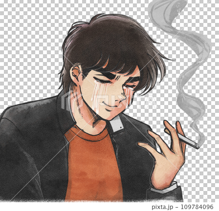 Illustration of a male student smoking while crying/addiction 109784096