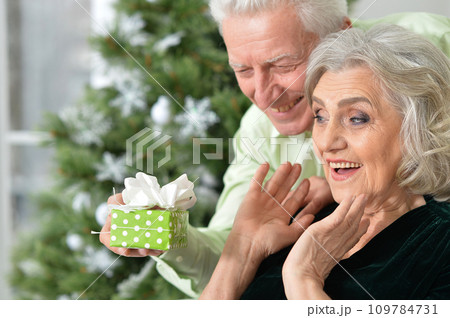 Happy elderly couple celebrating new year at home Happy elderly couple celebrating new year at home 109784731