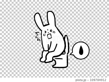 Black and white illustration of a rabbit with hemorrhoid pain in the toilet 109784912