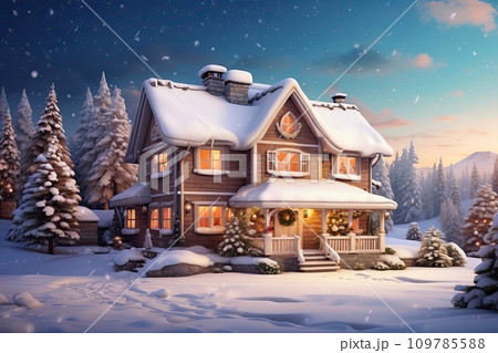 Cozy wooden house in mountains at night with christmas trees and gifts in winter in the snow with Christmas decor - holiday card Cozy wooden house in mountains at night with christmas trees and gifts in winter in the snow with Christmas decor - holiday card 109785588