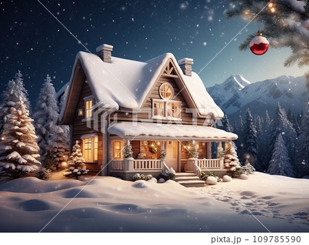Cozy wooden house in mountains at night with christmas trees and gifts in winter in the snow with Christmas decor - holiday card 109785590