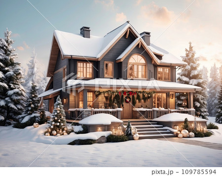 Modern Cozy wooden frame house with an attic and large windows with christmas trees and gifts in winter in the snow with Christmas decor 109785594