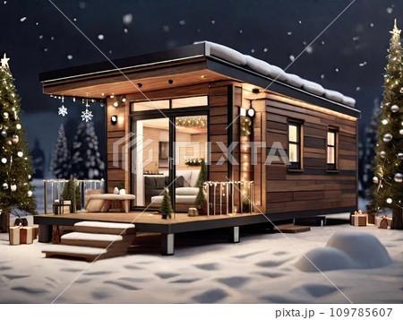 Wooden modern tiny house with flat roof in Christmas decor and snow, Festive mood. Tourism, travel in winter, vacation on New Year, mini hotel, booking, insurance, mortgage, housing, rent, moving. 109785607