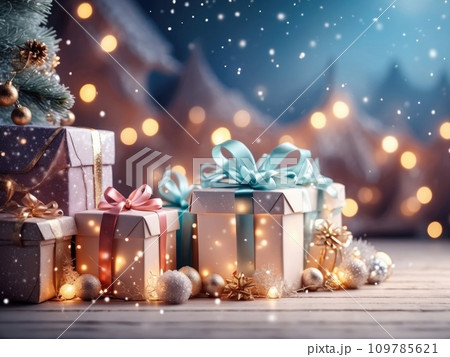 Christmas background with gift boxes with bows in delicate pink, beige, blue tones, bokeh and fairy light. Festive mood Christmas and New Year Christmas background with gift boxes with bows in delicate pink, beige, blue tones, bokeh and fairy light. Festive mood Christmas and New Year 109785621