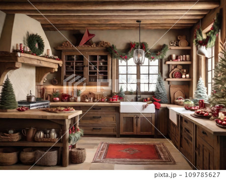 Cozy rustic retro kitchen with Christmas decor, utensils. Merry Christmas and Happy New Year greeting card, home warmth 109785627