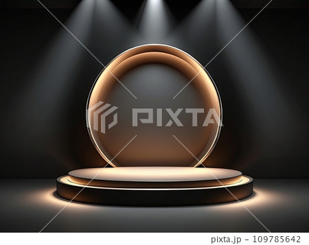 Black with gold round geometric empty podium for a product in a beam of light on a black background. Black Friday promotion, advertising, display 109785642