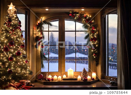 Cozy window with Christmas decor and warm light inside - view from outside the house. celebrate Christmas and New Year, Christmas tree, bokeh, snow 109785644