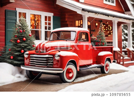 A red retro Christmas truck with gifts and a Christmas tree in the back near a decorated house in winter with snow. A holiday card for Christmas and New Year. A red retro Christmas truck with gifts and a Christmas tree in the back near a decorated house in winter with snow. A holiday card for Christmas and New Year. 109785655