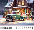 Green retro Christmas truck with gifts and a Christmas tree in the back near a decorated house in winter with snow. A holiday card for Christmas and New Year. 109785661