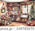 Watercolour Cozy rustic retro kitchen with Christmas decor, utensils. Merry Christmas and Happy New Year greeting card, home warmth 109785670
