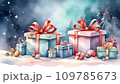 Watercolor Christmas background with gift boxes with bows in delicate pink, beige, blue tones, bokeh and fairy light. Festive mood Christmas and New Year 109785673