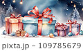 Watercolor Christmas background with gift boxes with bows in delicate pink, beige, blue tones, bokeh and fairy light. Festive mood Christmas and New Year 109785679