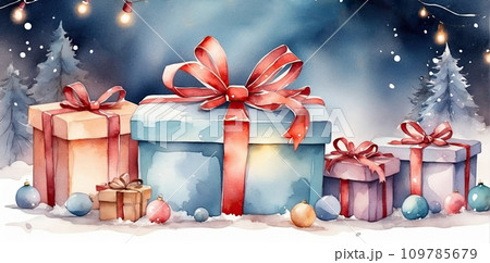 Watercolor Christmas background with gift boxes with bows in delicate pink, beige, blue tones, bokeh and fairy light. Festive mood Christmas and New Year 109785679