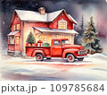 Watercolour red retro Christmas truck with gifts and a Christmas tree in the back near a decorated house in winter with snow. A holiday card for Christmas and New Year. 109785684