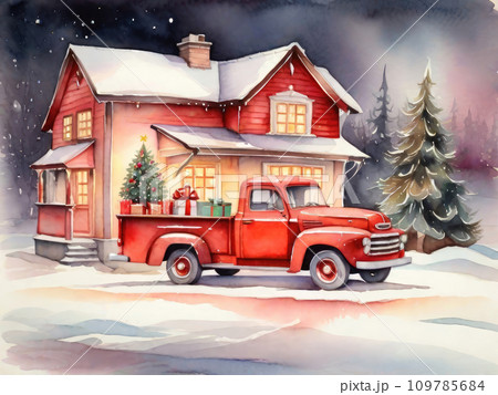 Watercolour red retro Christmas truck with gifts and a Christmas tree in the back near a decorated house in winter with snow. A holiday card for Christmas and New Year. 109785684