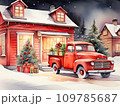 Watercolour red retro Christmas truck with gifts and a Christmas tree in the back near a decorated house in winter with snow. A holiday card for Christmas and New Year. 109785687